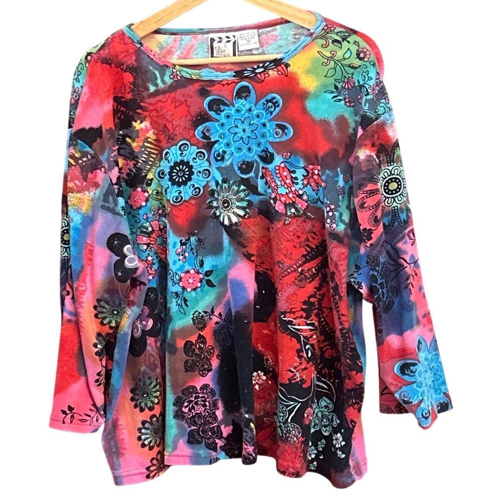 Take Two Clothing Co Womens 3X Multicolor Floral Abstract Cotton Top Art to Wear